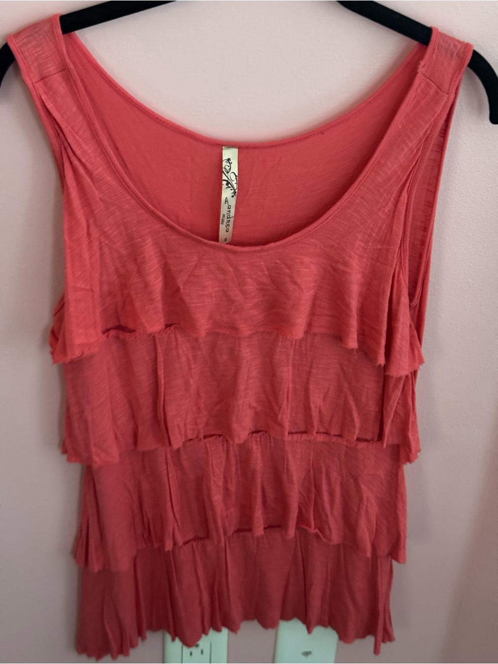 Andrea Missy Coral Tiered Ruffle Tank Top S Sleeveless Boho Layered Slub Knit